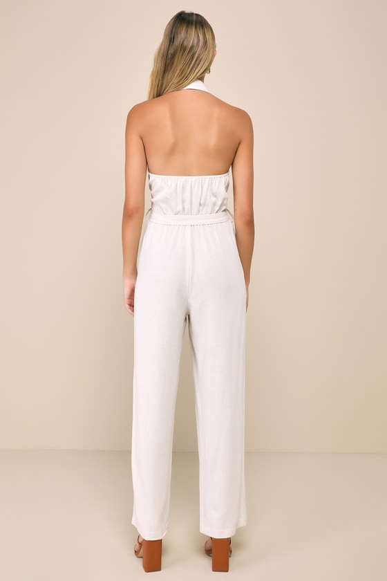 LULUS DAILY IMPULSE BEIGE LINEN TIE-FRONT COLLARED SLEEVELESS JUMPSUIT