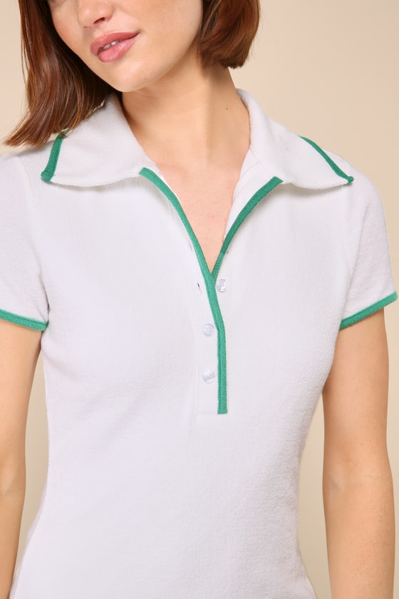 Lulus Undoubtedly Charming White Terry Knit Collared Mini Dress In White