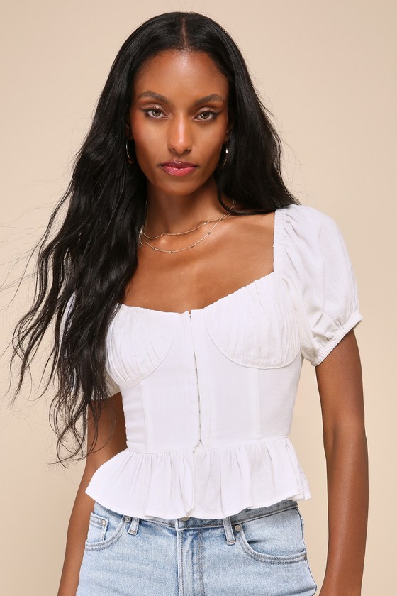 Profoundly Precious White Linen Puff Sleeve Bustier Top 2