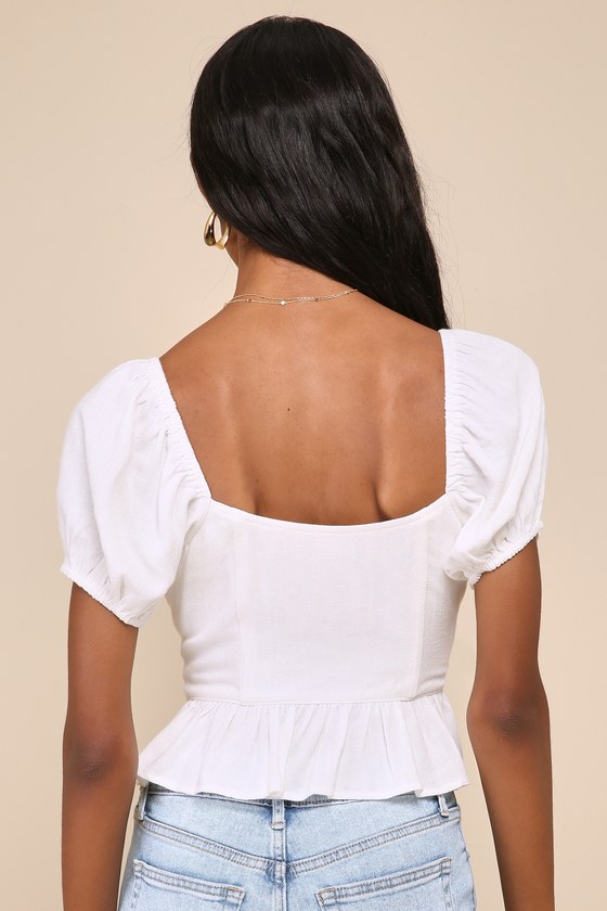 Cute White Linen Top - Puff Sleeve Top - Peplum Bustier Top Cute White Linen Top - Puff Sleeve Top - Peplum Bustier Top