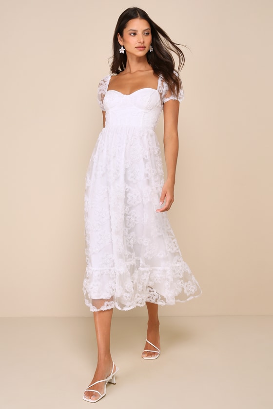 Lulus Notable Elegance White Mesh Floral Applique Bustier Midi Dress In White