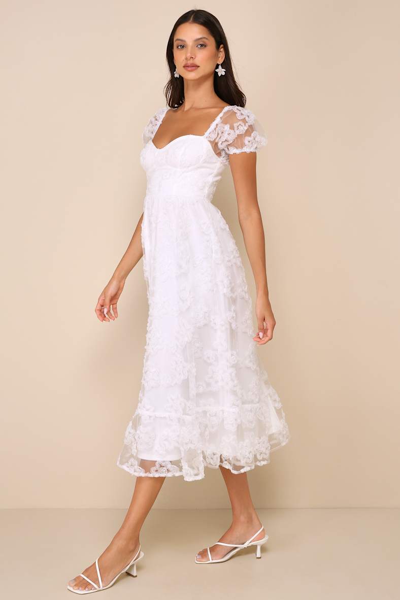 Notable Elegance White Mesh Floral Applique Bustier Midi Dress