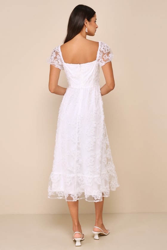 Lulus Notable Elegance White Mesh Floral Applique Bustier Midi Dress In White
