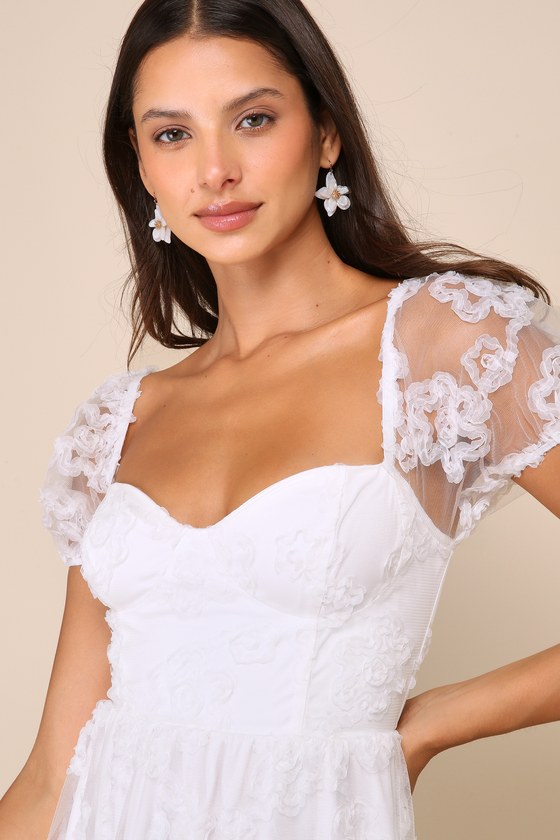 Lulus Notable Elegance White Mesh Floral Applique Bustier Midi Dress In White
