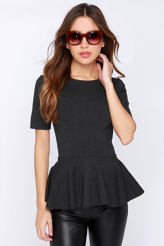 Pretty Charcoal Grey Top Peplum Top Short Sleeve Top 43.00 Lulus