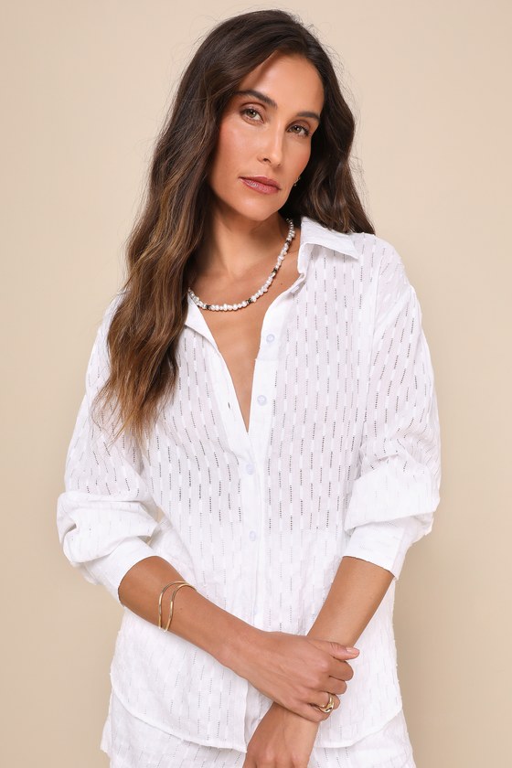 LULUS SUNNY CULTURE WHITE TEXTURED BUTTON-UP COLLARED LONG SLEEVE TOP