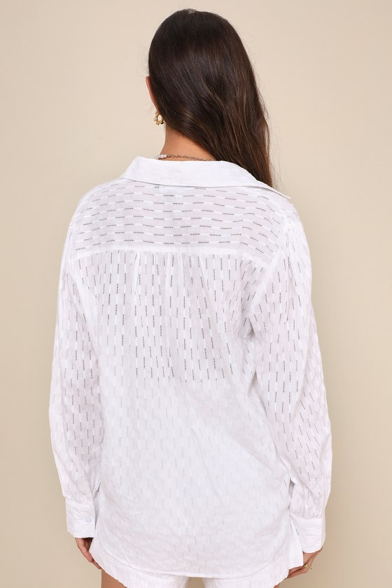 LULUS SUNNY CULTURE WHITE TEXTURED BUTTON-UP COLLARED LONG SLEEVE TOP