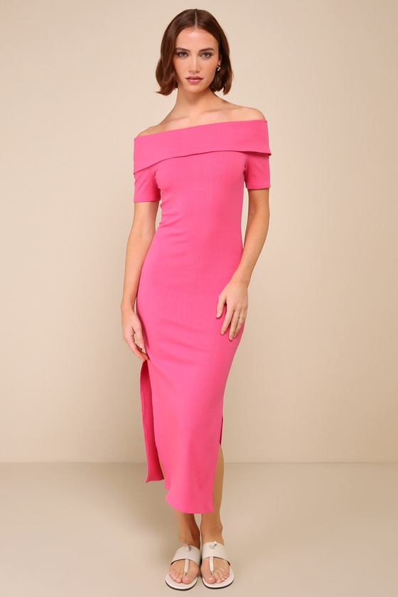 Remarkably Flirty Ribbed Off-the-Shoulder Bodycon Midi Dress 2