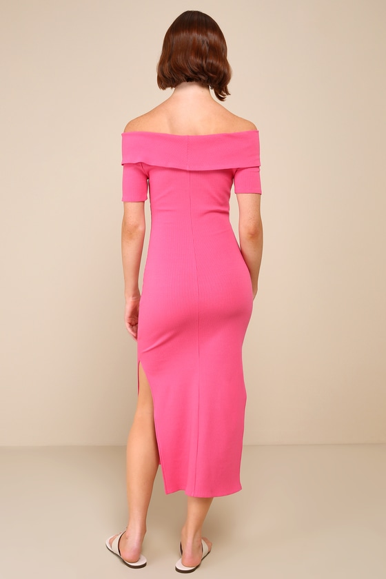 Lulus Remarkably Flirty Ribbed Off-the-shoulder Bodycon Midi Dress In Pink