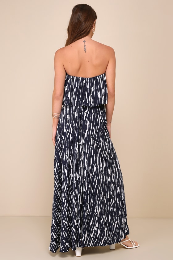Shop Lulus Refreshing Moments Navy Blue Abstract Print Strapless Maxi Dress