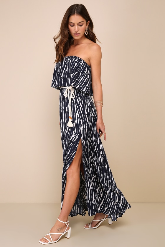 Shop Lulus Refreshing Moments Navy Blue Abstract Print Strapless Maxi Dress