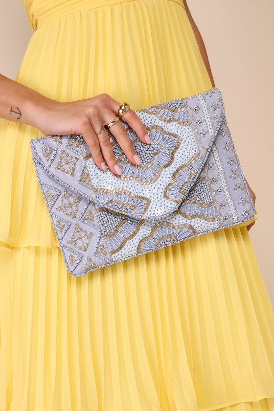 Lulus Etched In Stone Light Blue Beaded Clutch In Light Blue