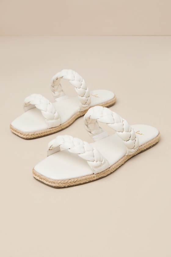 Lulus Kennmar Off White Leather Braided Espadrille Slide Sandals In White