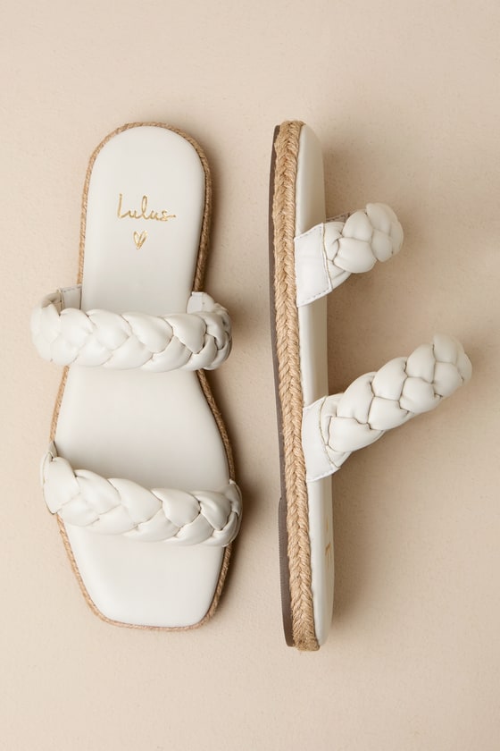 Lulus Kennmar Off White Leather Braided Espadrille Slide Sandals In White