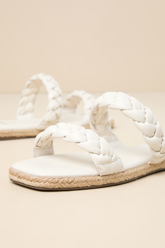 Lulus Kennmar Off White Leather Braided Espadrille Slide Sandals In White