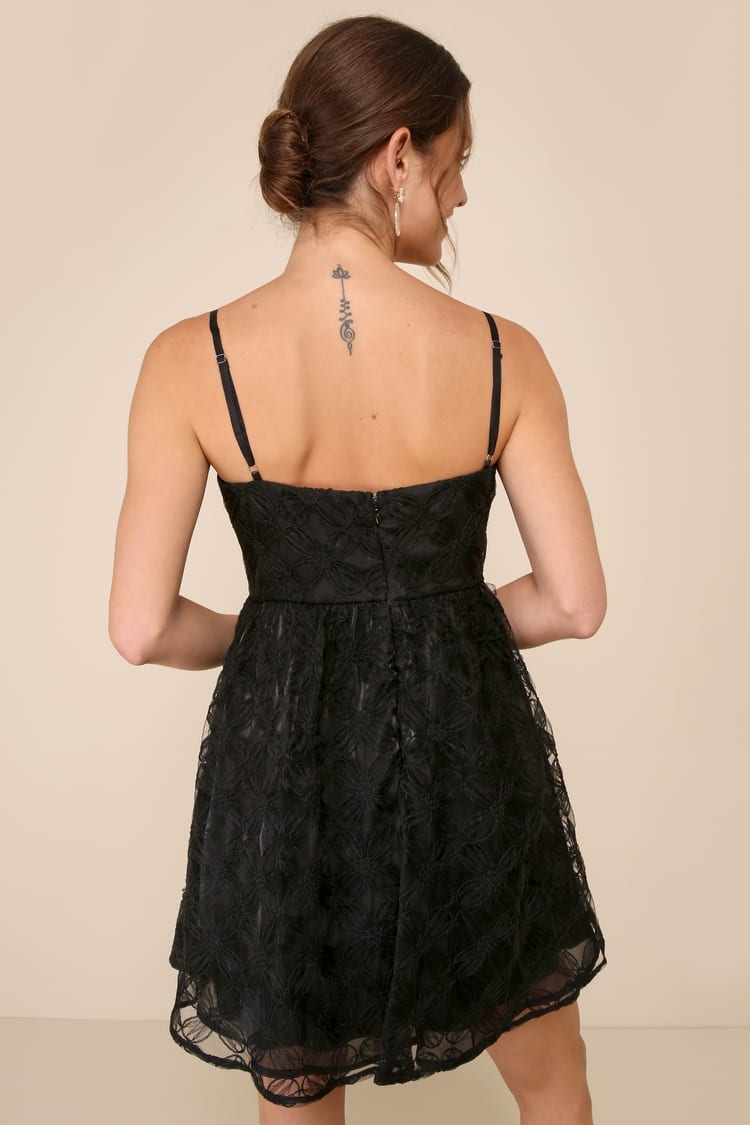 Charming Intent Black Mesh Floral Applique Bow Mini Dress