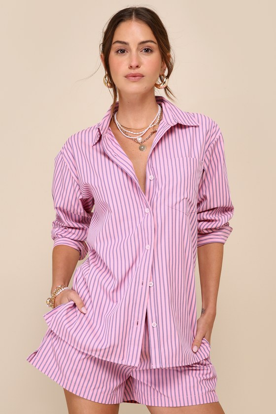 Shop Steve Madden Murphy Pink Striped Collared Long Sleeve Button-up Top