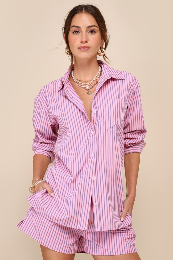 Murphy Pink Striped Collared Long Sleeve Button-Up Top 1
