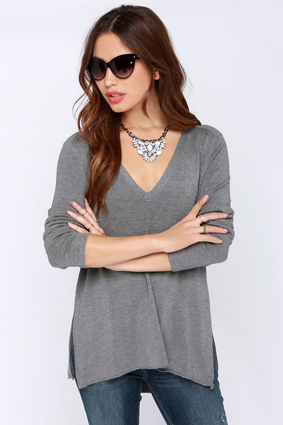 Grey Sweater - V Neck Sweater - High Low Sweater - $69.00 - Lulus