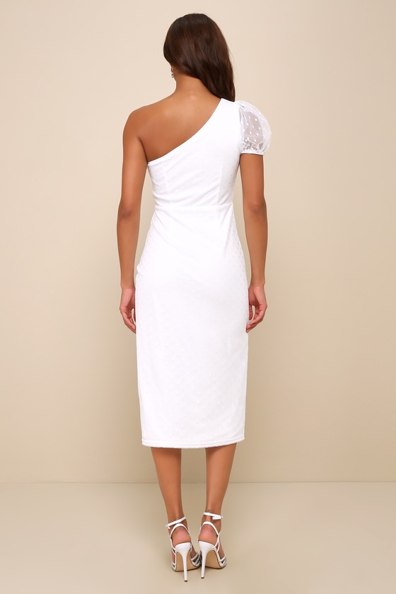 Lulus Amazing Glamour White Polka Dot Mesh One-shoulder Midi Dress In White