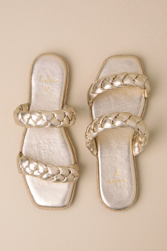 Lulus Kennmar Soft Gold Leather Braided Espadrille Slide Sandals In Gold