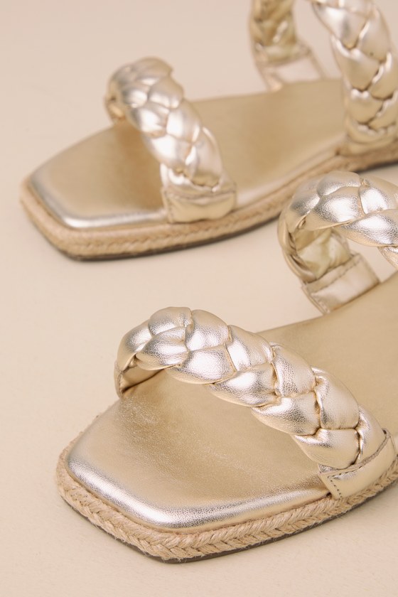 Lulus Kennmar Soft Gold Leather Braided Espadrille Slide Sandals In Gold