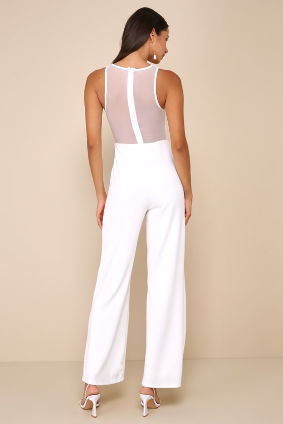 Lulus Sultry Charisma White Mesh Ruched Sleeveless Wide Leg Jumpsuit In White