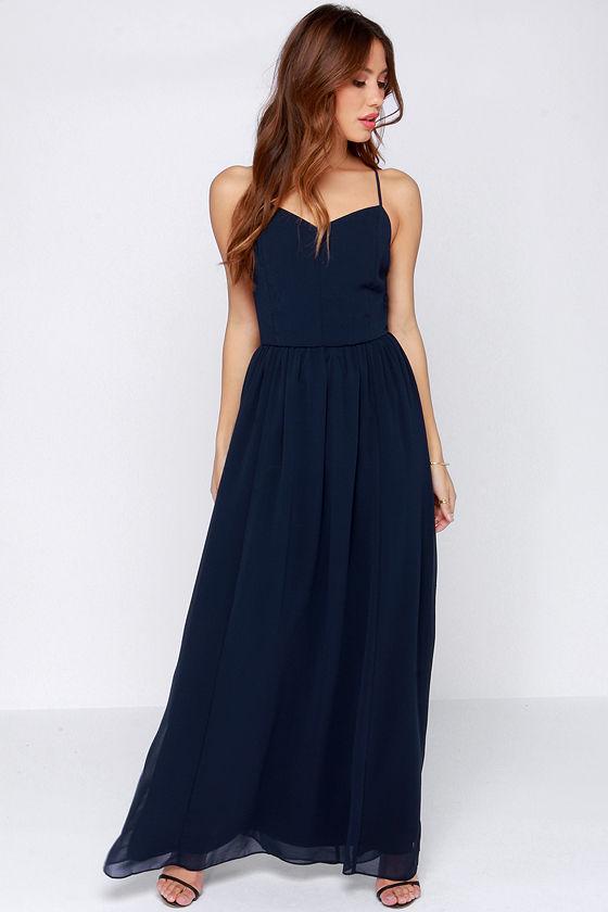 navy blue spaghetti strap long dress