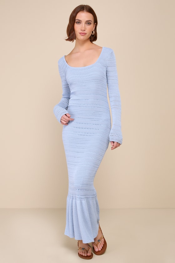 Lulus Sunset Moments Light Blue Crochet Long Sleeve Trumpet Midi Dress In Light Blue