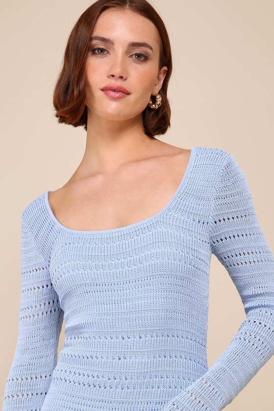 Lulus Sunset Moments Light Blue Crochet Long Sleeve Trumpet Midi Dress In Light Blue