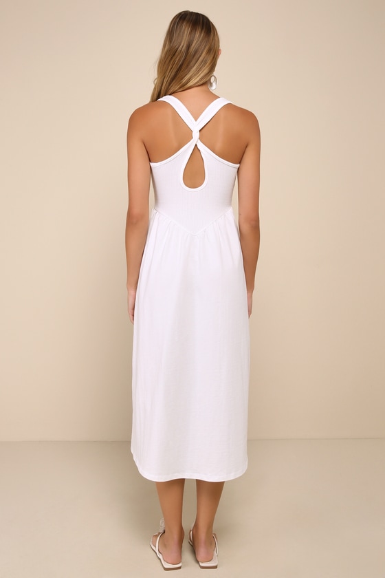 Lulus Summer Beauty White Ribbed Twist-back Midi Dress In White