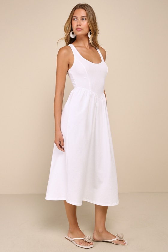 Lulus Summer Beauty White Ribbed Twist-back Midi Dress In White
