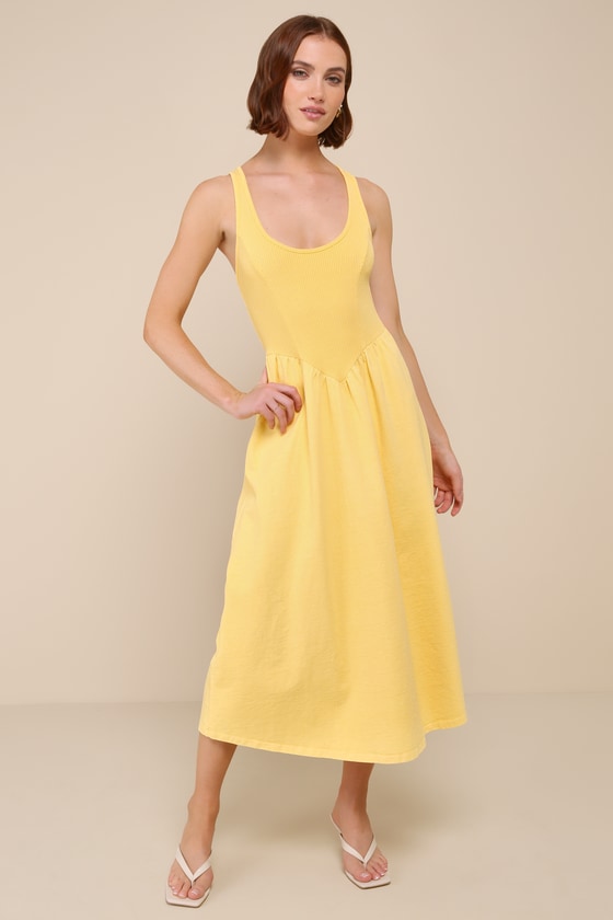 Lulus Summer Beauty Light Yellow Ribbed Twist-back Midi Dress In Light Yellow