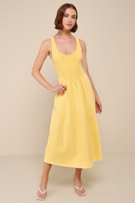 Summer Beauty Light Yellow Ribbed Twist-Back Midi Dress 2