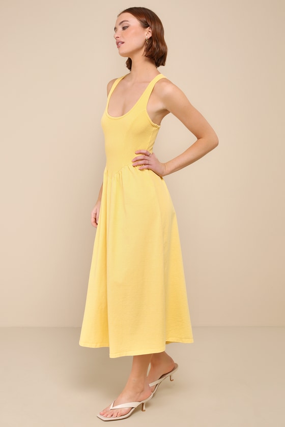 Lulus Summer Beauty Light Yellow Ribbed Twist-back Midi Dress In Light Yellow