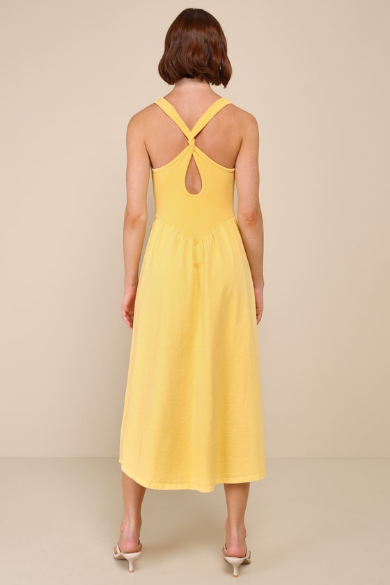 Lulus Summer Beauty Light Yellow Ribbed Twist-back Midi Dress In Light Yellow