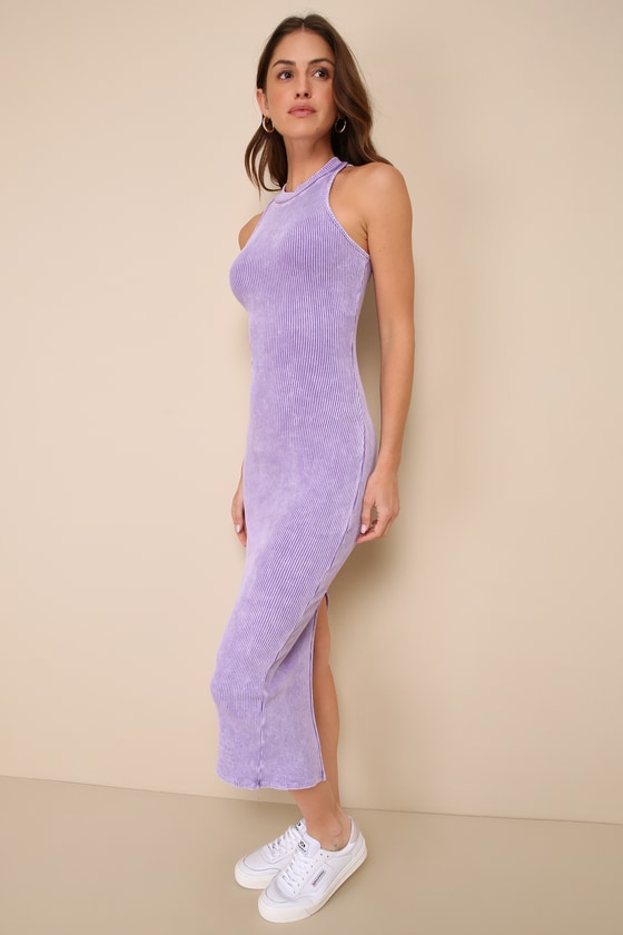 Lulus Essentially Sweet Washed Lavender Ribbed Sleeveless Midi Dress In Purple