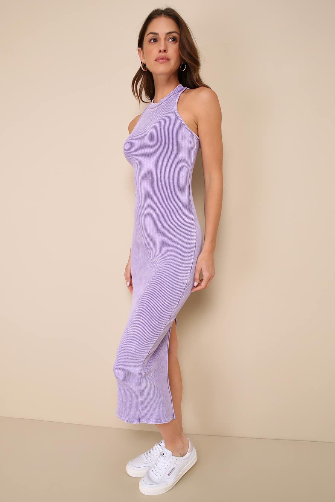 Essentially Sweet Washed Lavender Ribbed Sleeveless Midi Dress
