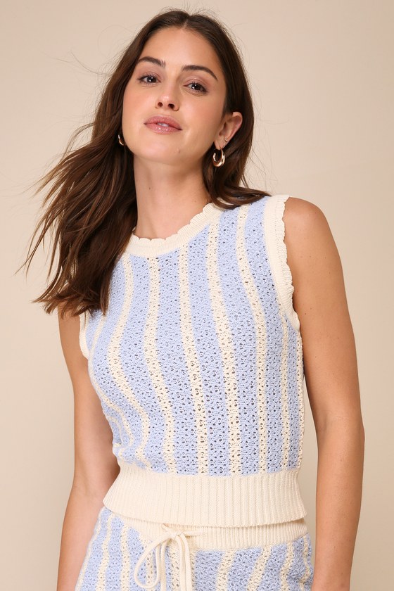 Lulus Summery Perspective Blue & Cream Striped Crochet Sweater Top