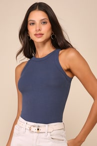Daily Direction Dark Blue Ribbed Tank Top