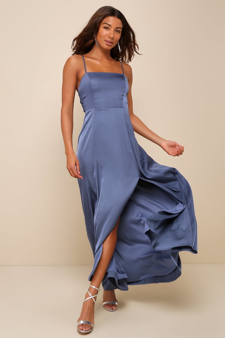 Slate Blue Satin Dress - Sleeveless Maxi Dress - Low Back Dress - Lulus