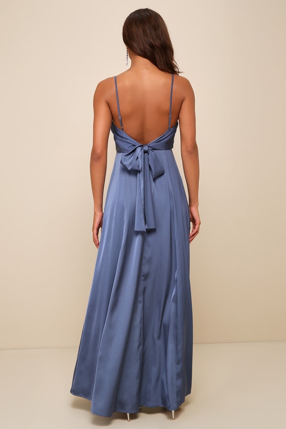 One Shoulder Pearl Satin Maxi Dress in Slate Blue main image 1