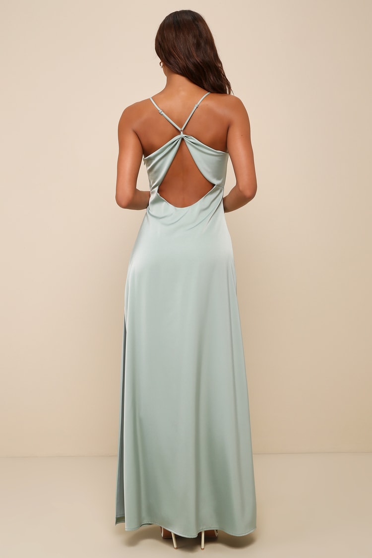Wonderful Essence Sage Green Satin Backless Maxi Dress