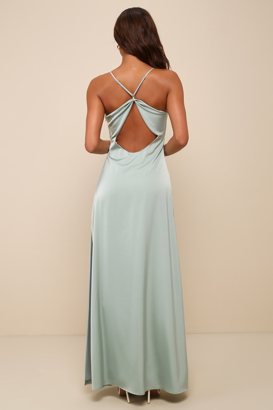 Wonderful Essence Sage Green Satin Backless Maxi Dress 2
