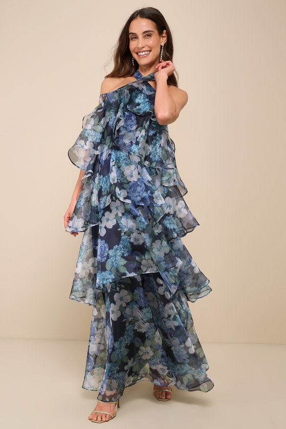 Navy Blue Floral Organza Dress - Tiered Maxi Dress - Halter Dress - Lulus