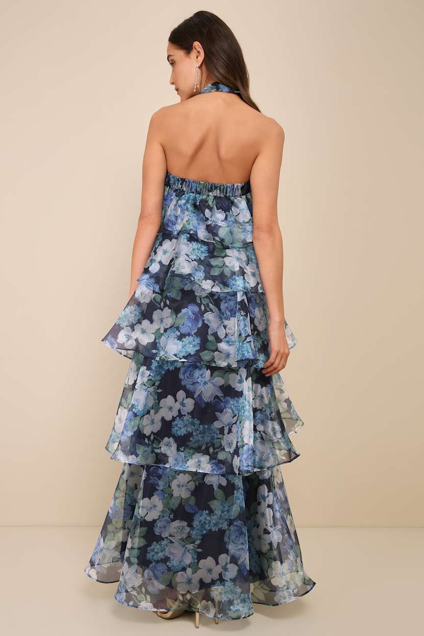 mirabelle floral tiered georgette halter dress Navy Blue Organza - Maxi Dress - Dress neutral long sleeve dress