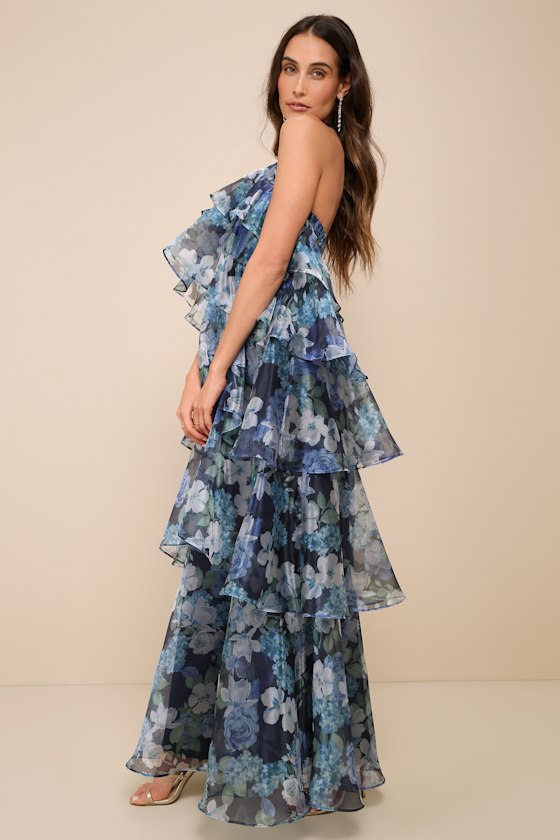 Navy Blue Floral Organza Dress - Tiered Maxi Dress - Halter Dress - Lulus