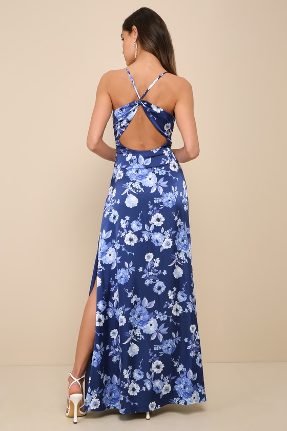 Lulus Wondrous Allure Navy Blue Floral Satin Backless Maxi Dress In Navy Blue