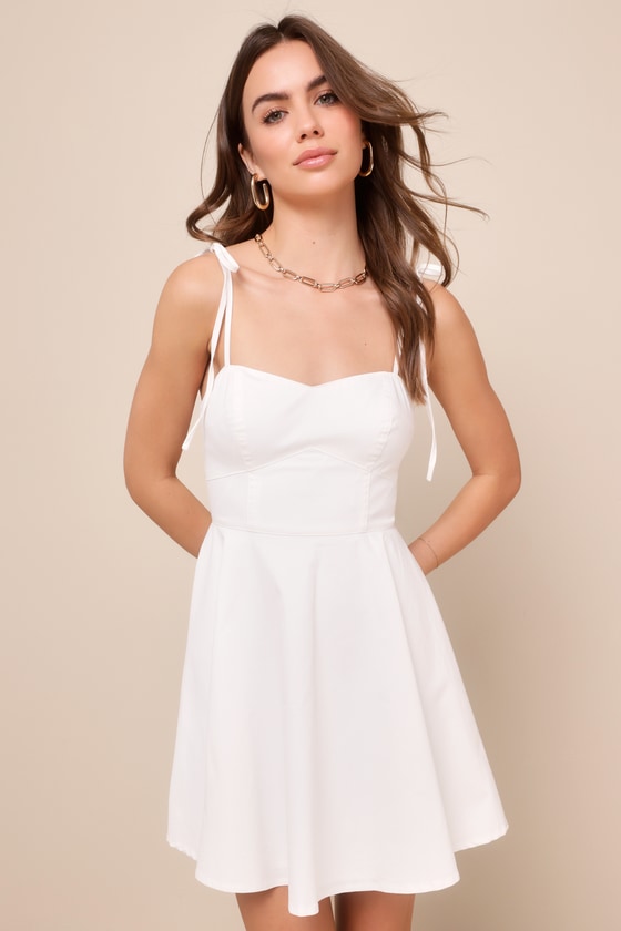 Lulus Breezy Aura Ivory Tie-strap Mini Skater Dress In White