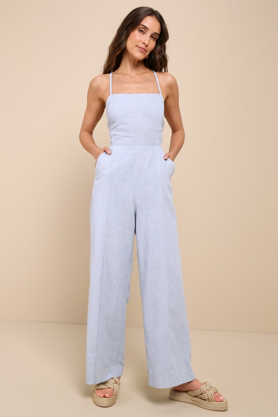 Sweetly Elevated Light Blue Linen Backless Wide-Leg Jumpsuit 1